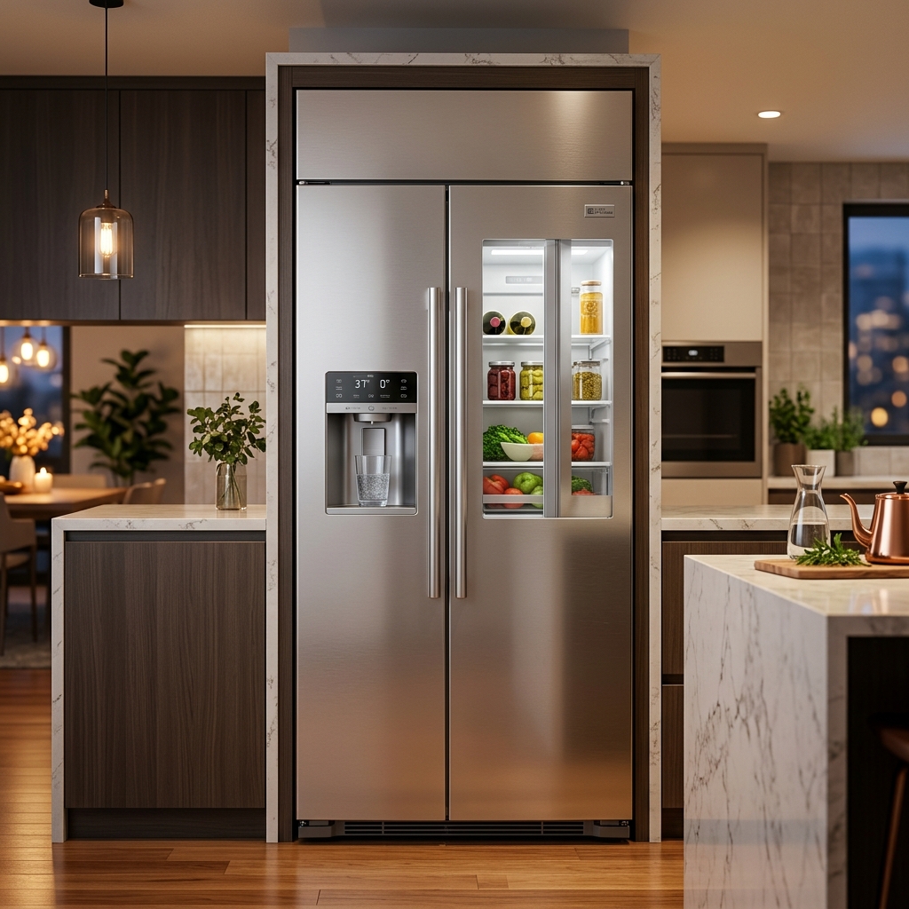 Modern side-by-side refrigerator with external water and ice dispenser in a bright kitchen